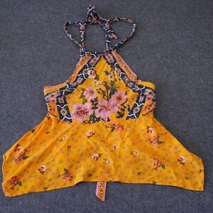 Free People Yellow Floral Halter Top Open Back Tie Mixed Print OB980613 Size S